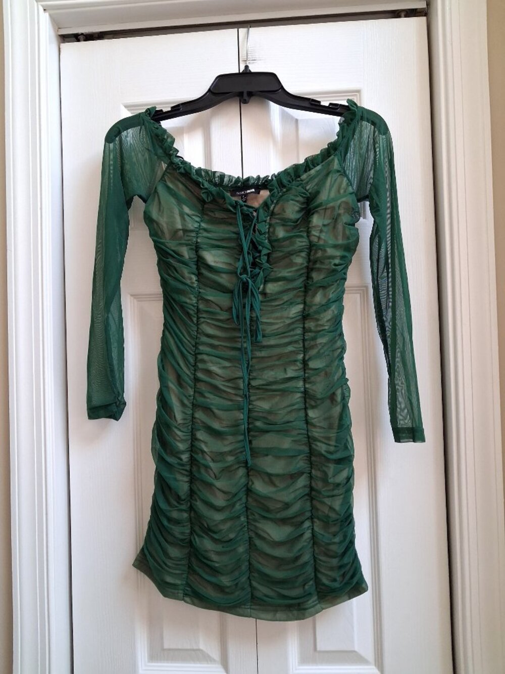 NWT FASHION NOVA Long Sleeve Green Sheer Ruched Mini Dress sz L